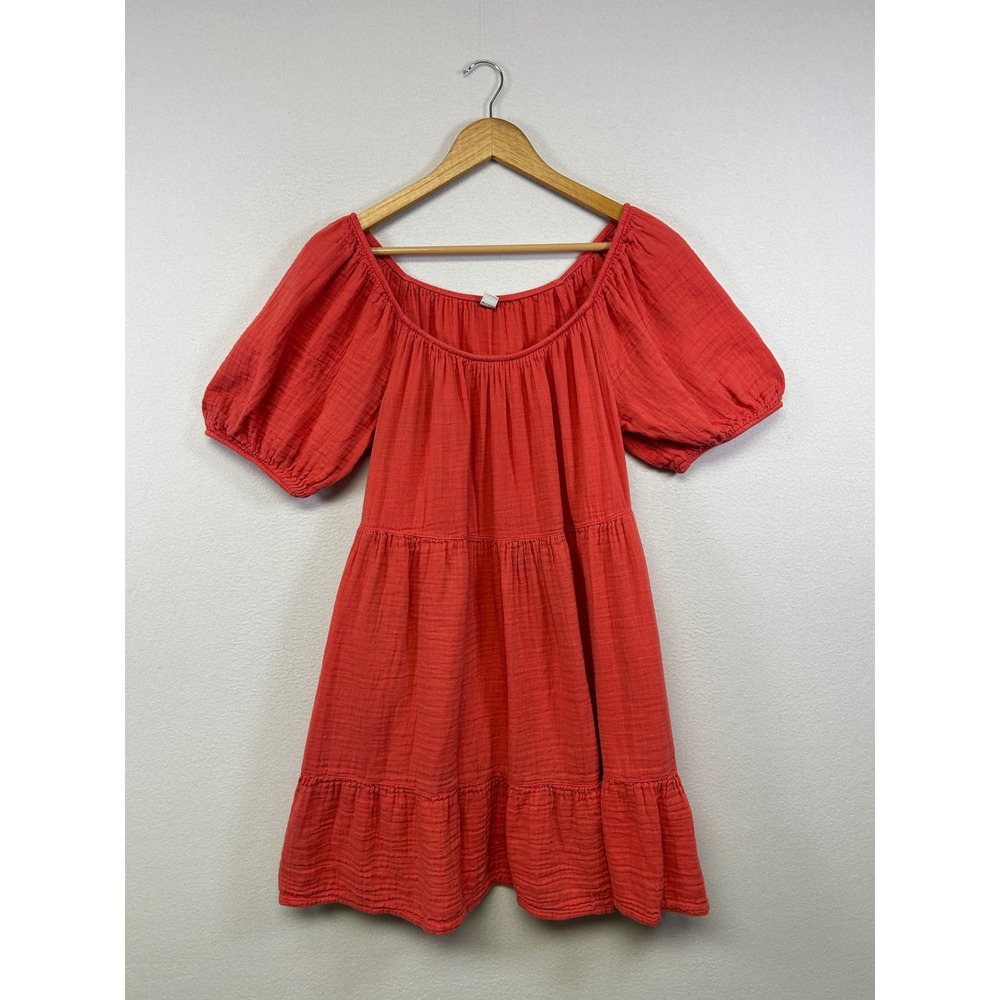 Cottagecore Boho Old Navy Womens M Coral Tiered Gauze Puff Sleeve Mini Dress